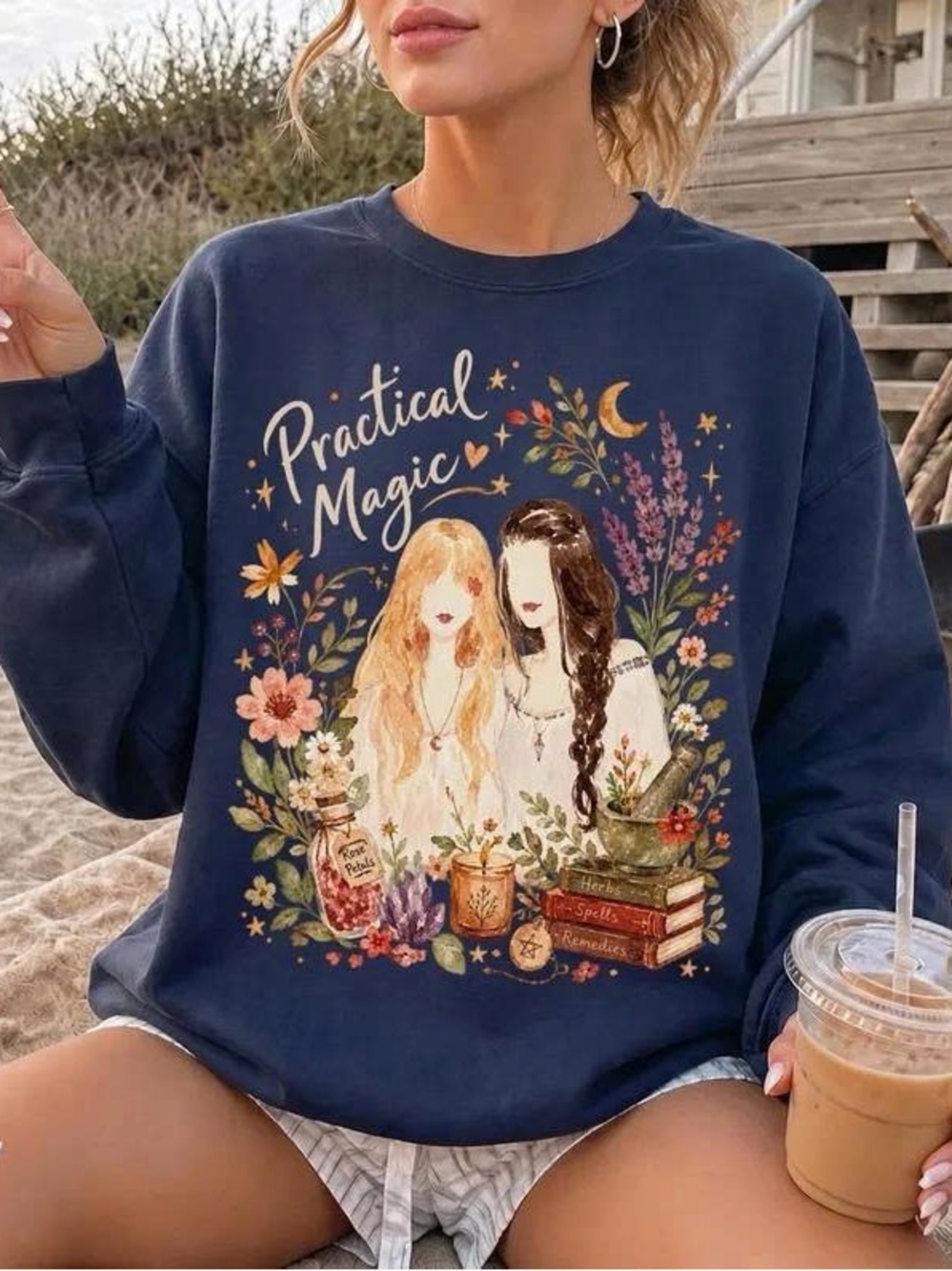 Practical Magic Graphic Sweatshirt - Navy Cozy Crewneck for Women